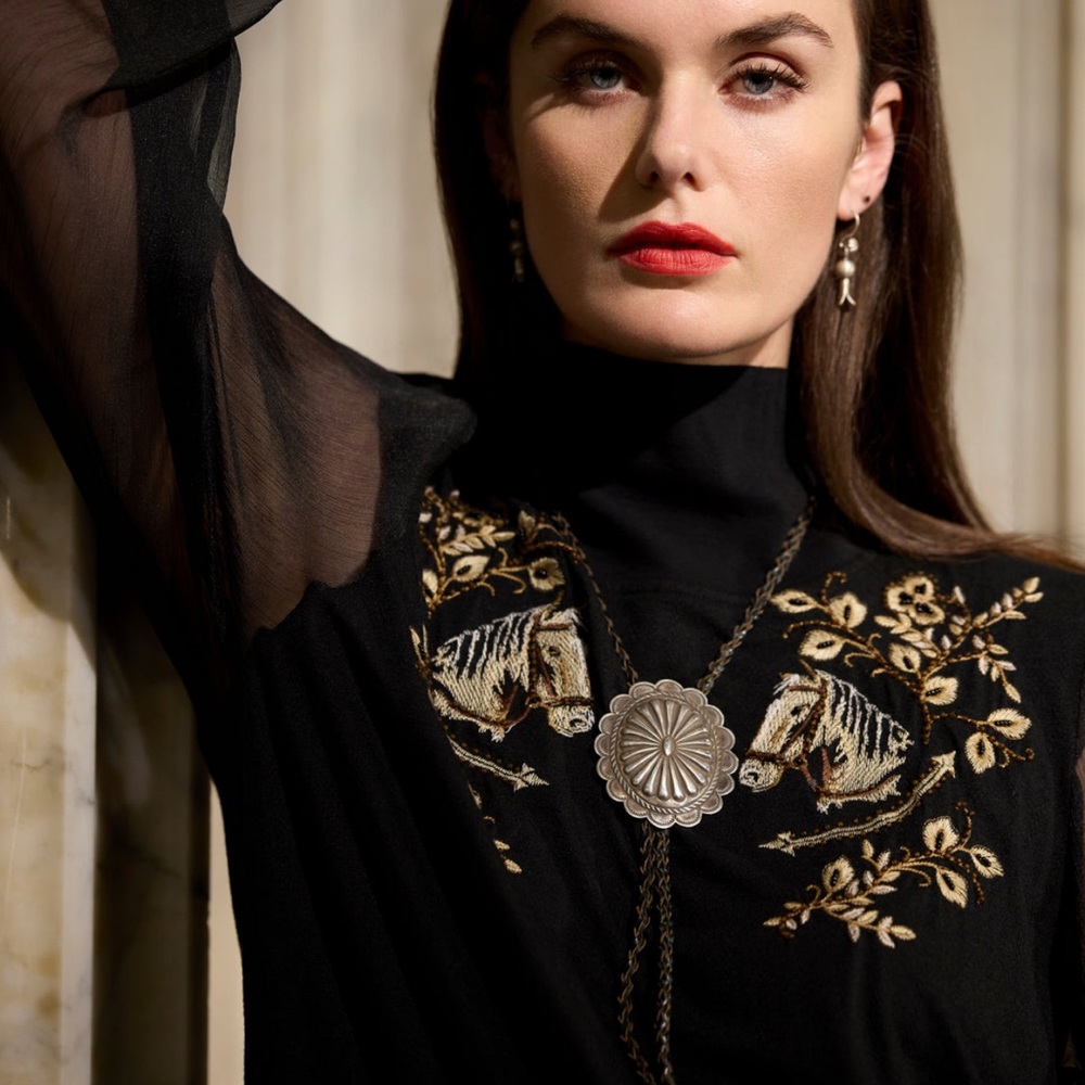 Double D Ranch Black and Gold Embellished Mock Neck Blouse - Long Ride Top - Picture 6 of 13